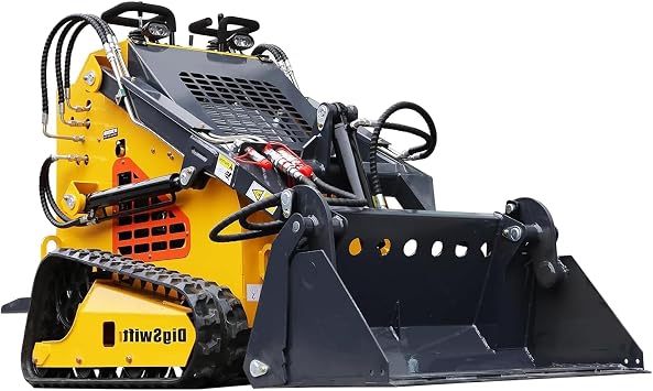 Mini Track Skid Steer Loader, 24HP Gas Engine, 4-in-1 Bucket Included, Triple Pump Triple Valve Hydraulic System, Stand-On Compact Track Loader for Landscaping, Farming&Construction yellow