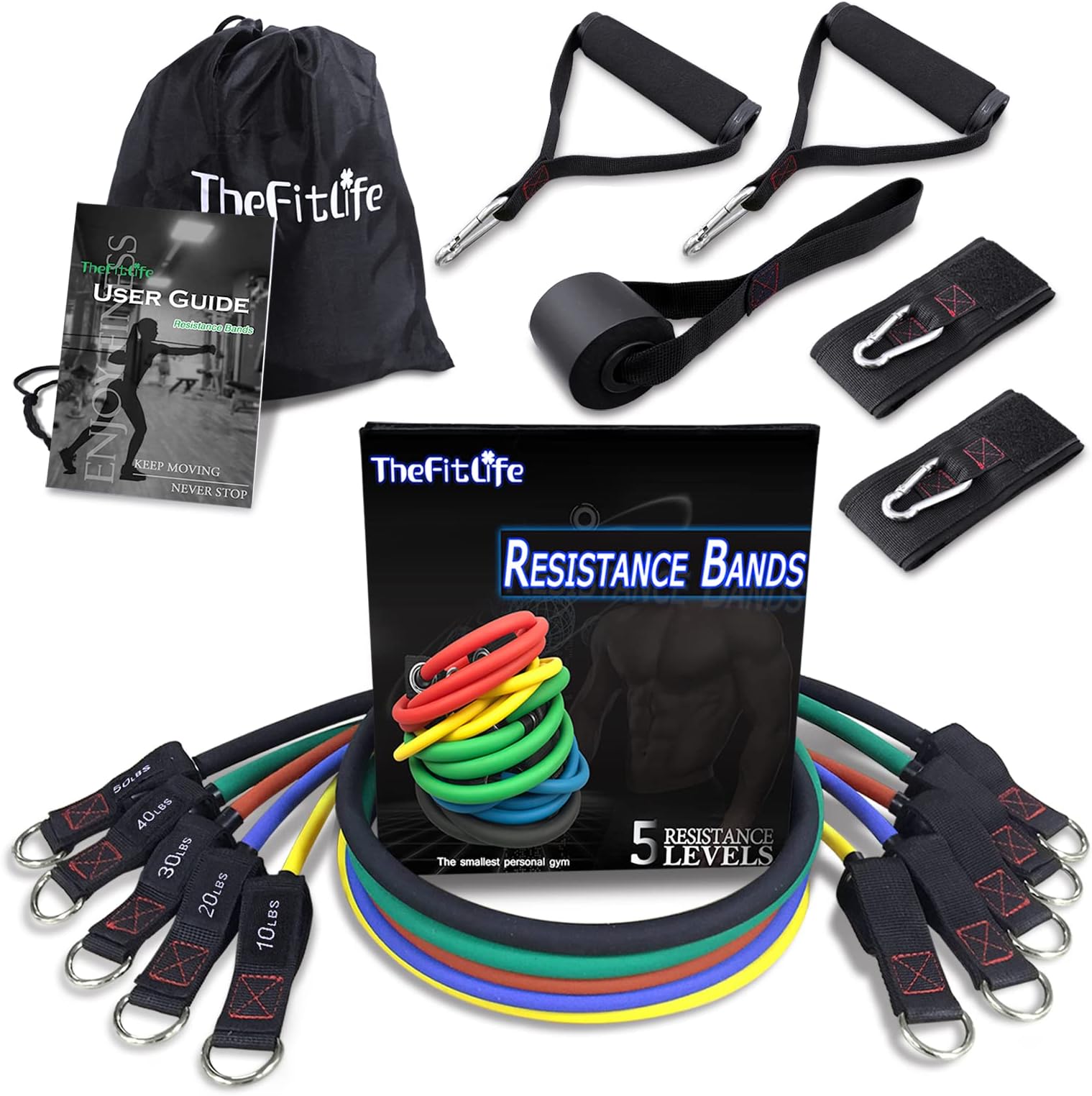 – Exercise Resistance Bands with Handles - 5 Fitness Workout Bands Stackable up to 110/150/200/250/300 lbs, Training Tubes with Large Handles, Ankle Straps, Door Anchor, Carry Bag