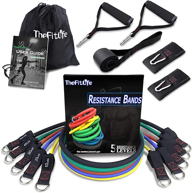 TheFitLife Exercise Resistance Bands with Handles - 5 Fitness Workout Bands Stackable up to 110 / 150 lbs, Training Tubes with Large Handles, Ankle Straps, Door Anchor Attachment, Carry Bag