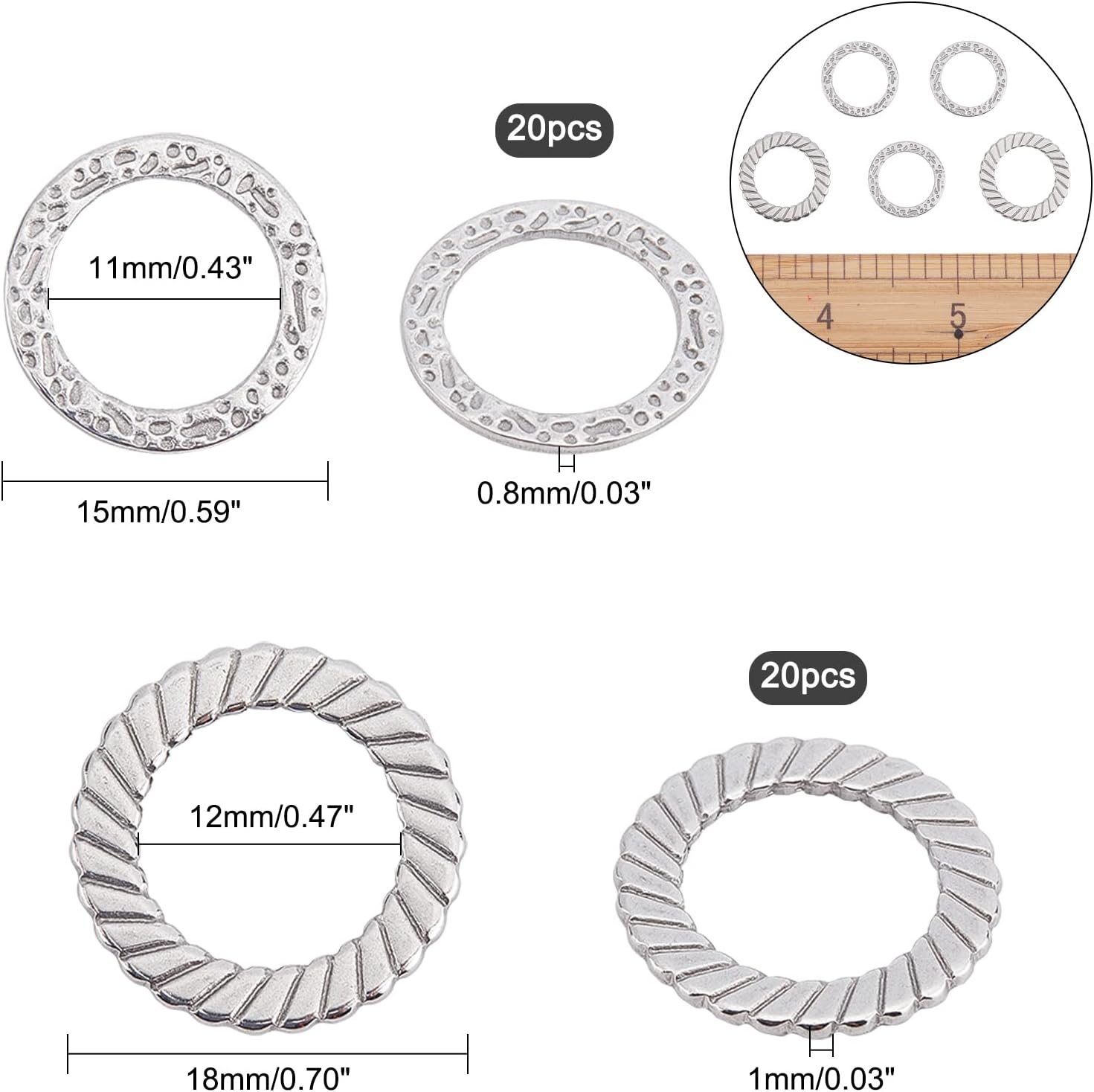 UNICRAFTALE 40pcs 2 Sizes 304 Stainless Steel Connecting Rings with Uneven Pattern Metal Ring with Color Stainless Steel Laser Cutting Connecting Rings Metal Loose Ring for Jewelry Making 15/18mm Long - Image 3