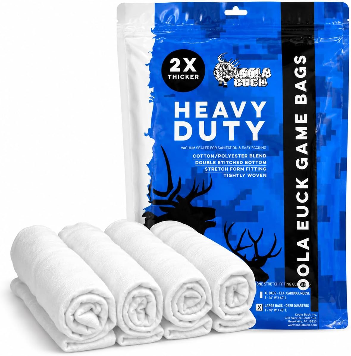 Koola Buck - Heavy Duty Deer & Elk Game Bags Hunting. Complete your Field Dressing Kit - Choice of L, XL 4-Pack Game Quarter Bags, One L or XL Quarter Bag, or One Full Body Bag, Vacuum Sealed