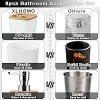 Vista 2 de Juego de 9 accesorios de baño, color blanco, hueco, cubo de basura, soporte y recipiente de cepillos de dientes, dispensador de jabón, bandeja