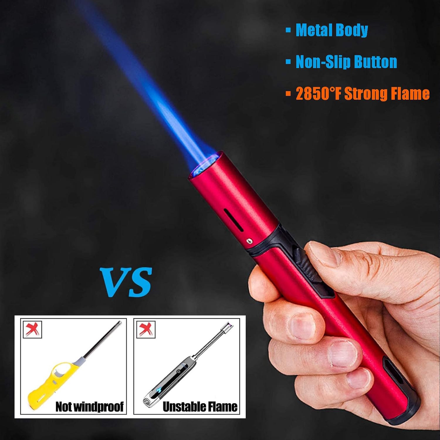Haillai 2 Pack Butane Lighter, 6.0 inch Torch Lighter with Visible Gas Window, Refillable Pen Lighter Jet Flame for Grill Candle Kitchen Fireplace Camping BBQ, Green & Red(Sold Without Gas)