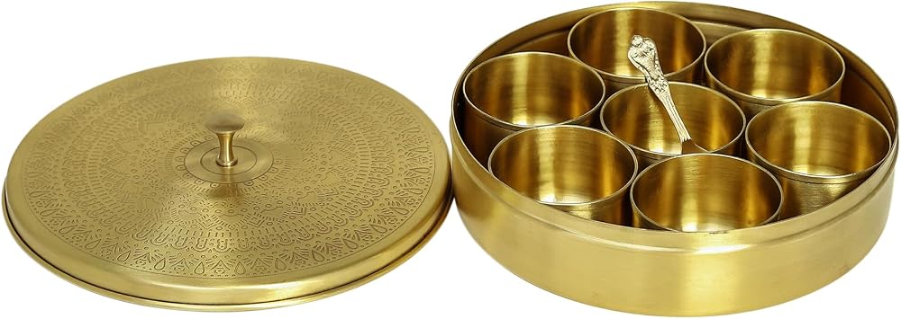 Brass Spice Box Set with 7 Containers, Golden Masala Storage Container with Lid and Spoon, Kitchen Organizer Masala Box Masala Dani Indian Spice Box Organiser 8 inch