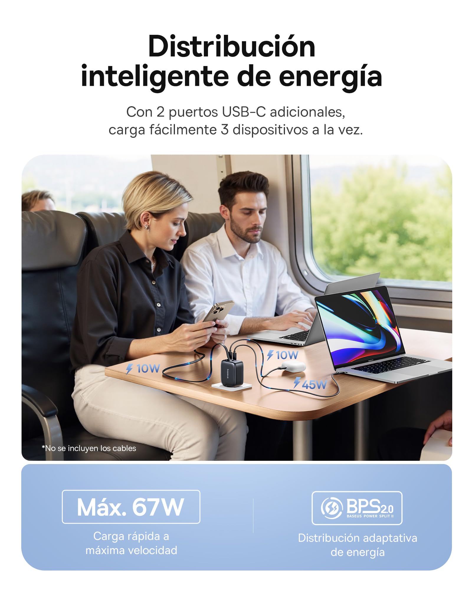 Baseus Enercore Cargador USB C de 67W con Cable Retráctil, Charger GAN con 2 Puertos USB-C, Cargador Rápido Compacto Compatible con MacBook Pro, DELL, HP, iPad, iPhone 16/15/14/13/12Pro, Galaxy S25