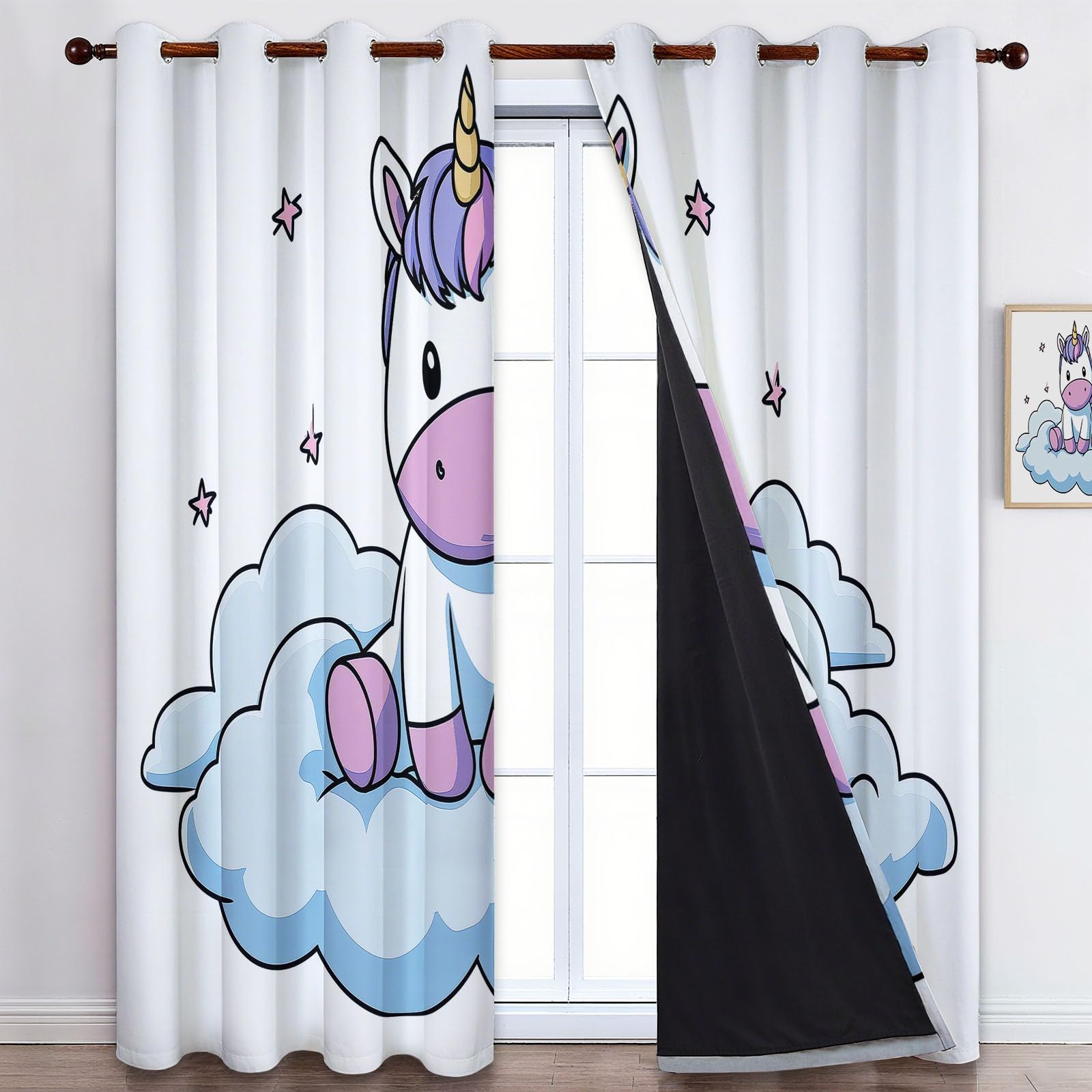 Générique Rideaux Opaques en Licorne Nuages Dessin Animé, Rideau Occultant en Polyester Blanc, Rideaux Thermique Isolant Anti-Froid Décoration de Fenêtre pour Salon Chambre Lot de 2 110L x 215H cm