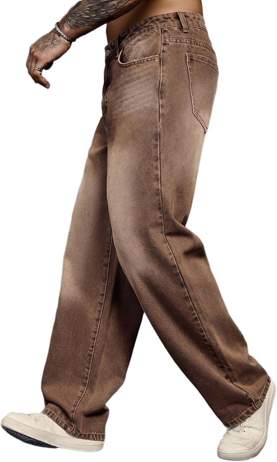 Men's Dark Brown Vintage Washed Loose-Fit Jeans, Classic Street Style