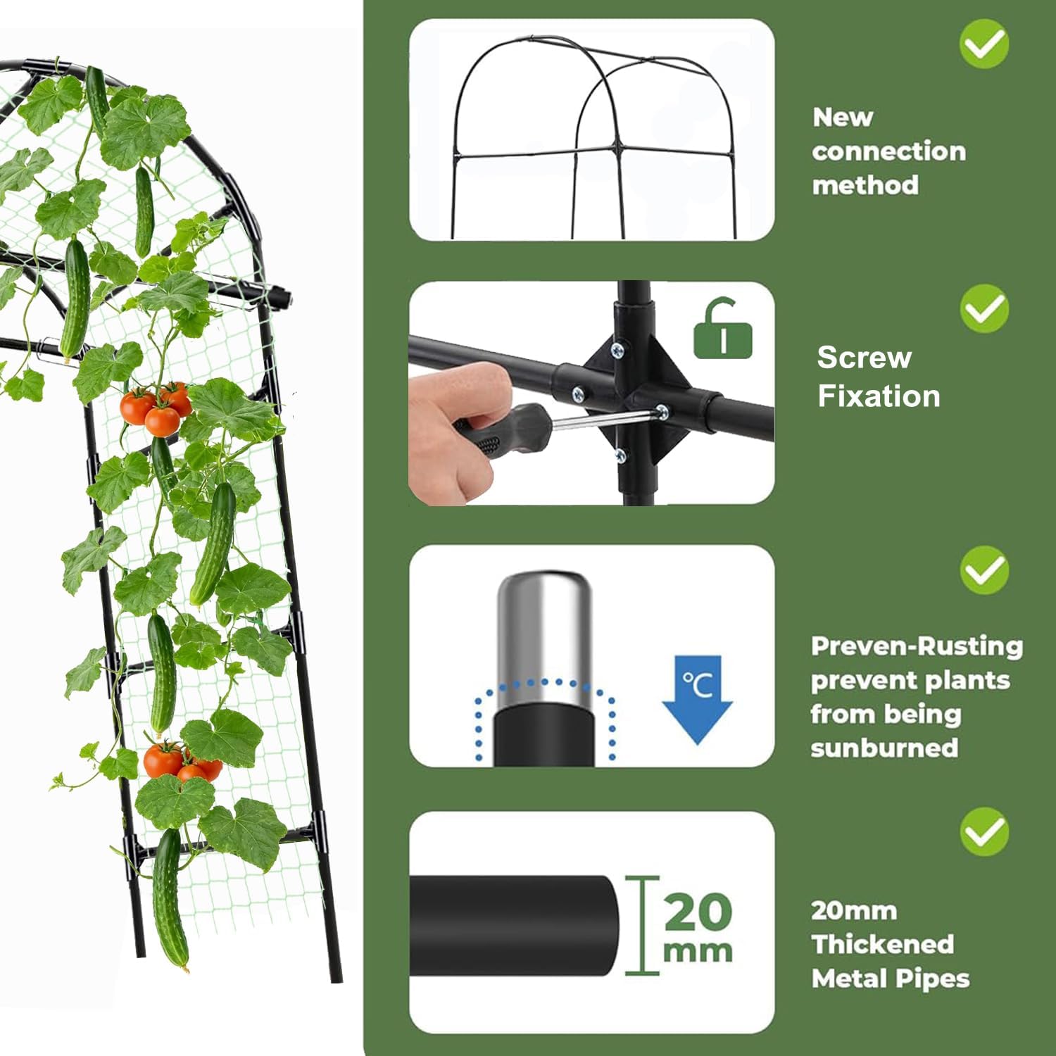 Garden Arch Trellis for Climbing Plants Outdoor - (Black, 81x36x32in) Cucumber Trellis for Raised Bed with Net, Garden Trellis for Climbing Plants, Cucumber, Vegetable, Tomato, Flowers 20mm Thick