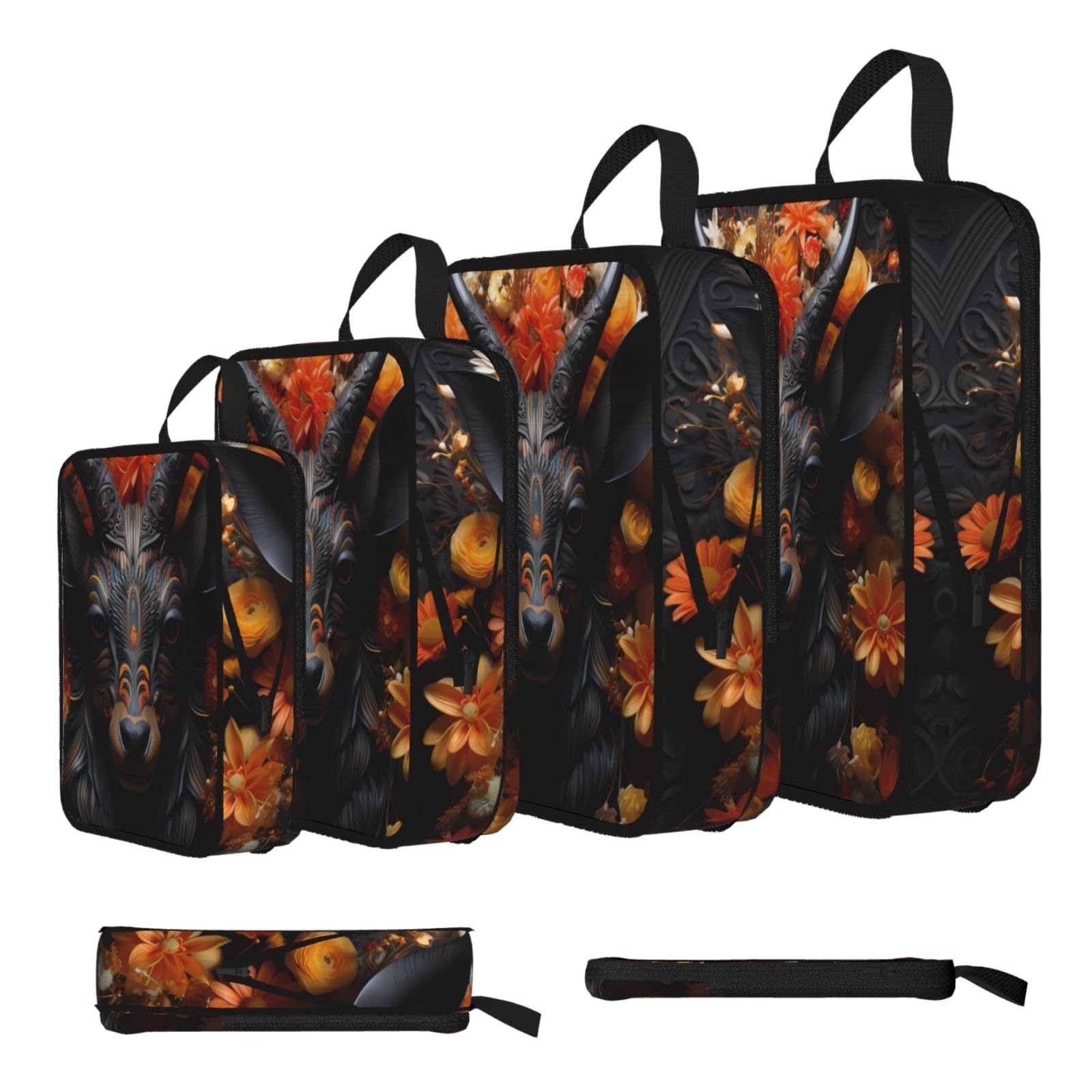 Sxzvvbn Black Antelope With Flowers Compression Packing Cubes 4 Piece Set