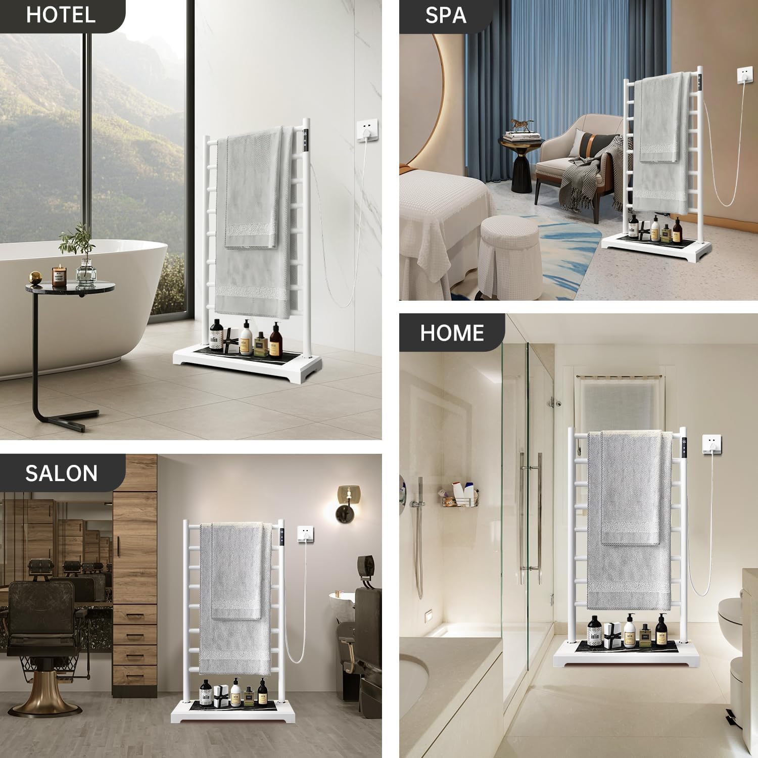 Freestanding Heated Towel Rack with Heavy Marble Base, 8-Bar Heating Towel Rack Adjustable Temperature 115-155°F with Timer and LED Display Clothes Drying Rack for Bathroom (White)