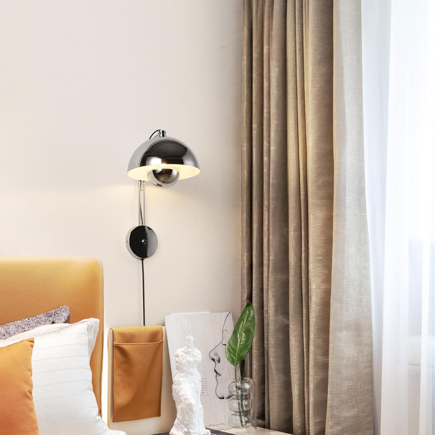 COSYLUX Modern Sleek Plug in Wall Sconce, Hardwired & Corded 2in1 Design Metal Wall Light Fixtures for Bedroom Bedside Reading, Mid-Century Flower Bud Wireless Wall Sconces with Switch,Chrome