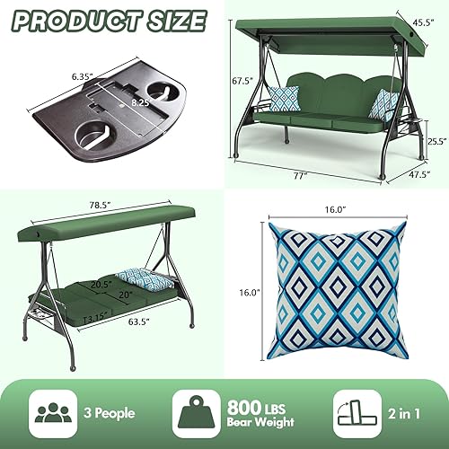 Miniatura 7 de Columpio de patio para porche al aire libre de 3 asientos con soporte de 800 libras, cama columpio convertible 2 en 1 con toldo ajustable y cojín