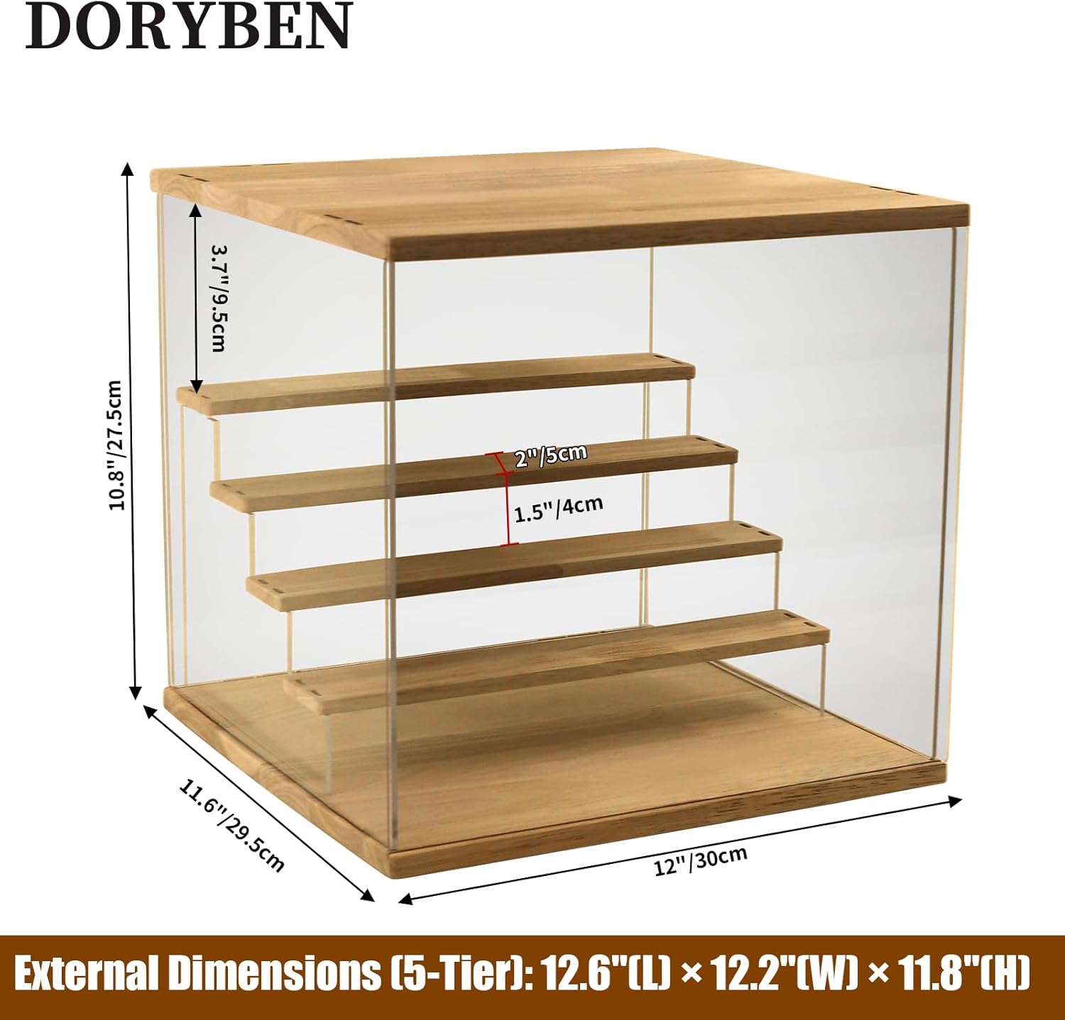 Acrylic Display Case with Adjustable LED Light, 5 Tier Clear Display Box Dustproof Showcase for Action Figures, Collectibles and Mini Toys, Assembly Display Cabinet(Wood 12.5×12.2×11.8in)