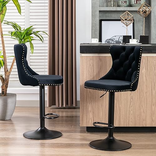 Swivel Bar Stools Set of 2, Adjustable Velvet Counter Height Barstools with High Back & Nailheads Trim, Modern Upholstered Bar Chairs for Dining Room Home Bar Kitchen Island, Black