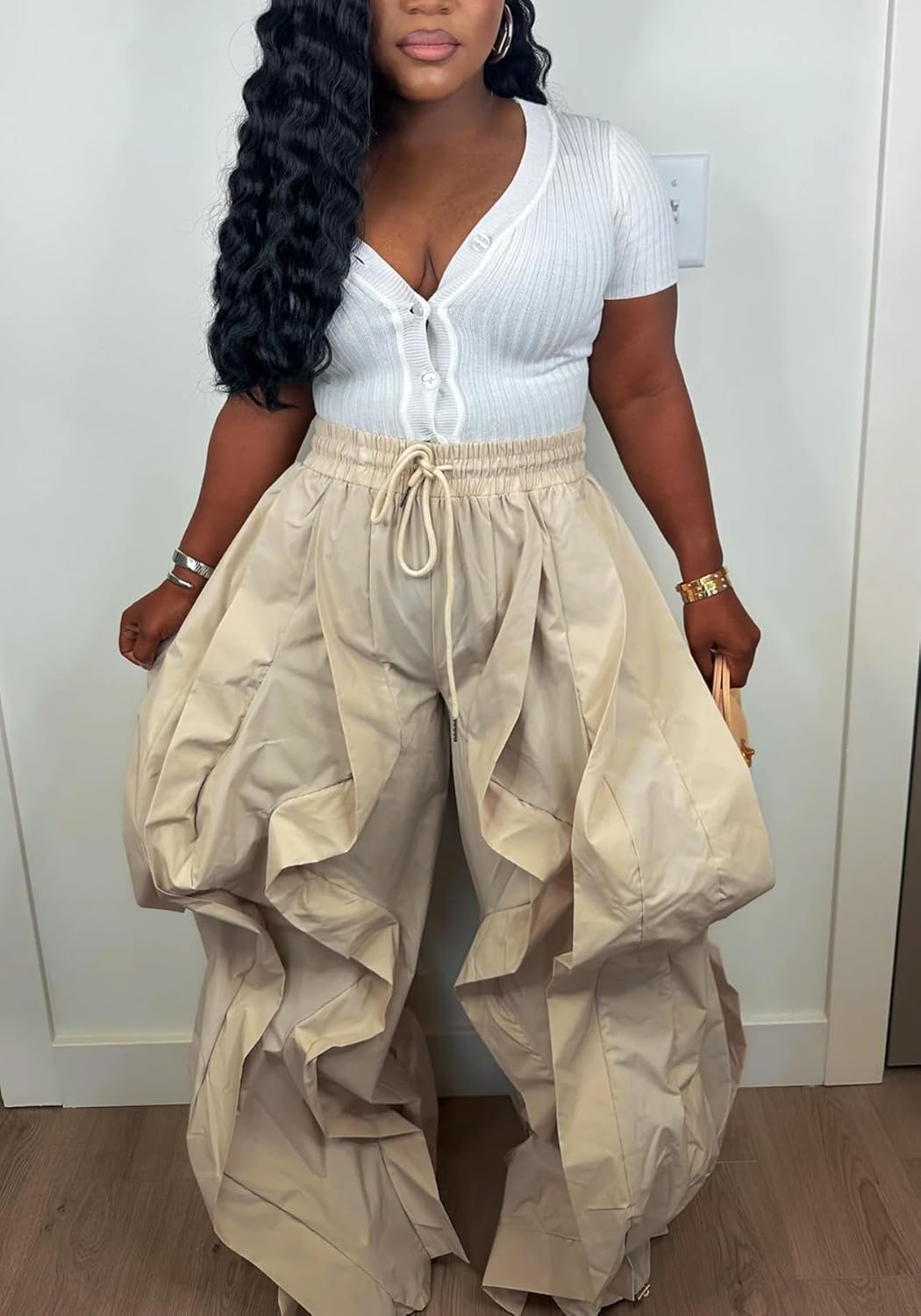 Tbahhir High Waist Parachute Pants for Women Baggy Wide Leg Jogger Sweatpants Camo Fringe Ruffle Y2K Trendy Trousers