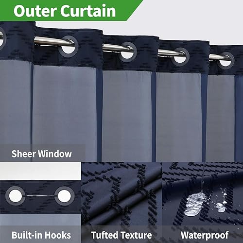 Miniatura 9 de Juego de cortina de ducha a rayas cheurón sin gancho con forro de tela a presión, 71 pulgadas de ancho x 74 pulgadas de alto, grado de hotel,