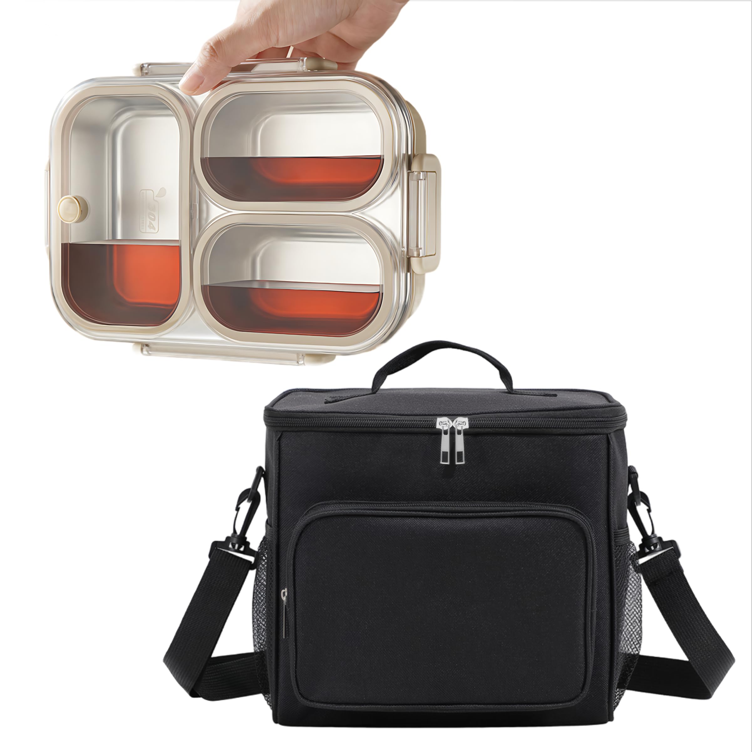 ZCircle Insulated Lunch Bag and Lunch Box Set for Adults/Men/Women - 10L Thermal, Leak-Proof Oxford Fabric Lunch Bag for Work/Picnic/Travel (Black), Stainless Steel Bento Box, Leakproof, Microwave