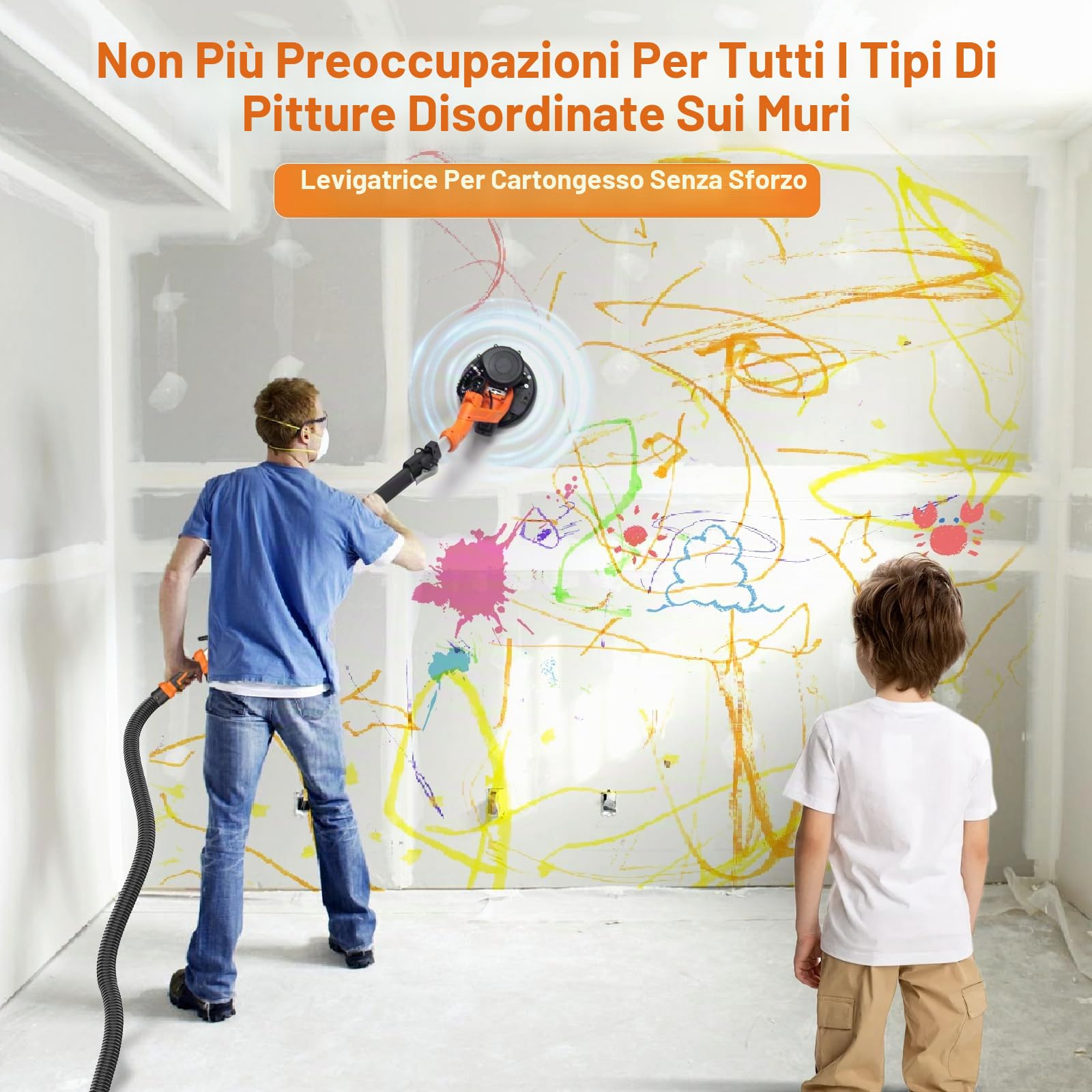 Protmex Giraffa Levigatrice - 1000W Levigatrice per Muro con Aspiratore e Luce LED, 6 Velocità 800-2200RPM, Dischi di Levigatura 15pcs, Pieghevole Estensibile per Muri
