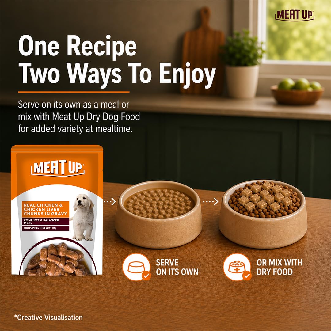 Meat Up Puppy Wet Dog Food, 16 Pouches × 70g, Total 1.12kg | Real Chicken in Gravy | Complete & Balanced Meal | Supports Digestion & Vitality 4