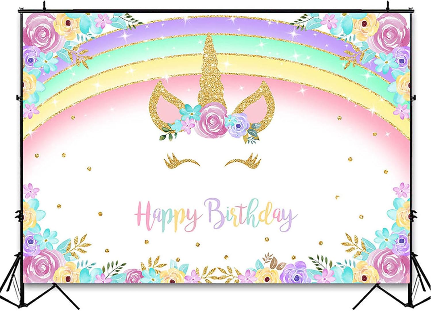 amazon com comophoto rainbow unicorn backdrop gold unicorn birthday backdrop glitter rainbow floral party photography background unicorn baby girls bday party banner supplies 5 x 3 electronics
