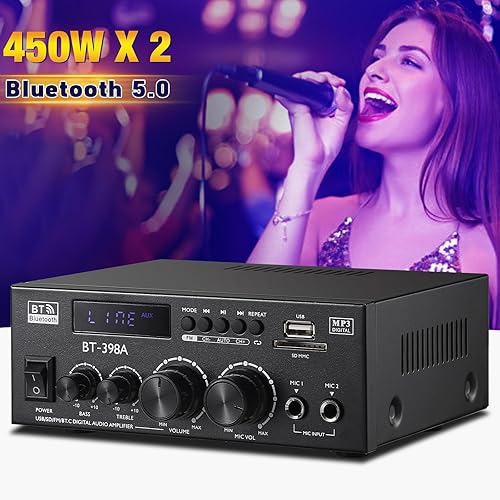 Miniatura 3 de Facmogu BT-398A Amplificador de audio digital estéreo, sistema amplificador de potencia de sonido HiFi Max 450Wx2, amplificador receptor de 2.0