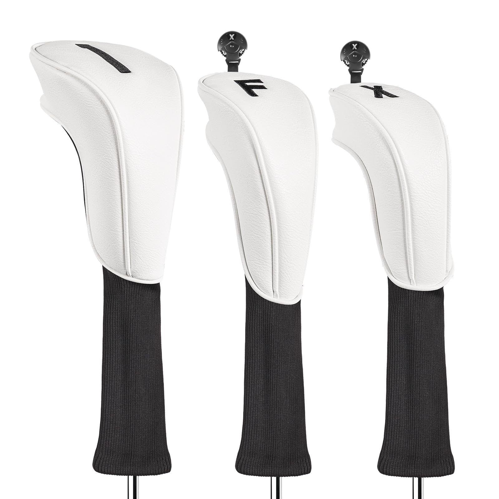 FINGER TEN Premium PU Leather Golf Wood Headcovers for Driver Fairway Hybrids 3 or 5 Pieces, Long Neck Covers with Embroidered Labels & Interchangeable No. Tags Fit Men Women (White-3 Pieces)