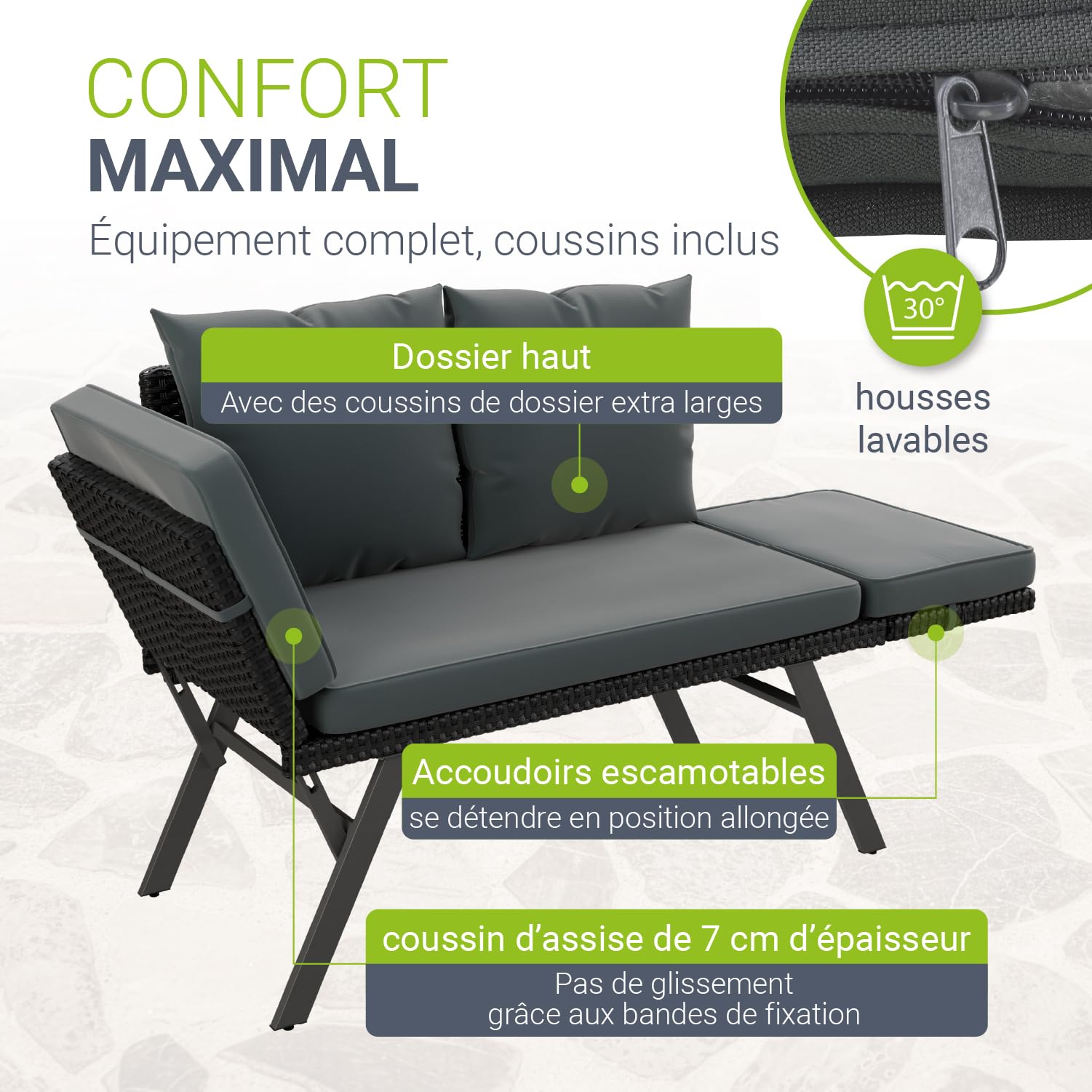 Juskys® Banc Multifonctions Calvia Noir/Gris - transat Pliable en polyrotin résistant, Banc Jardin Charge 240 kg