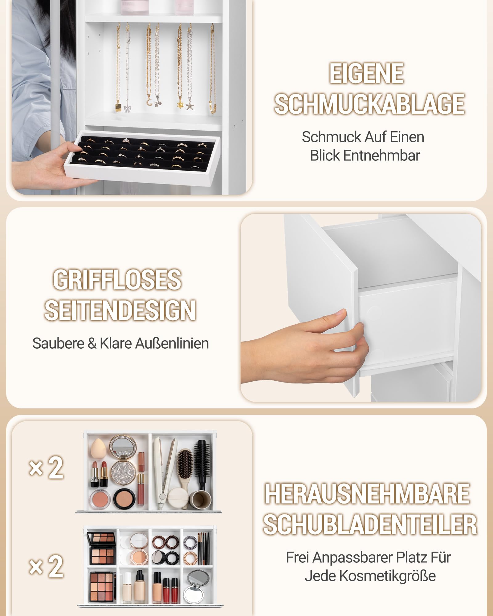 Hzuaneri Große Schminktisch, Schminktisch mit Verstellbaren RGB-Beleuchtung und Glasplatte, Schminktische mit Große Spiegel, 8 Schubladen und 9 Offenen Fächern, Schlafzimmer, Weiß, 1180203XEU