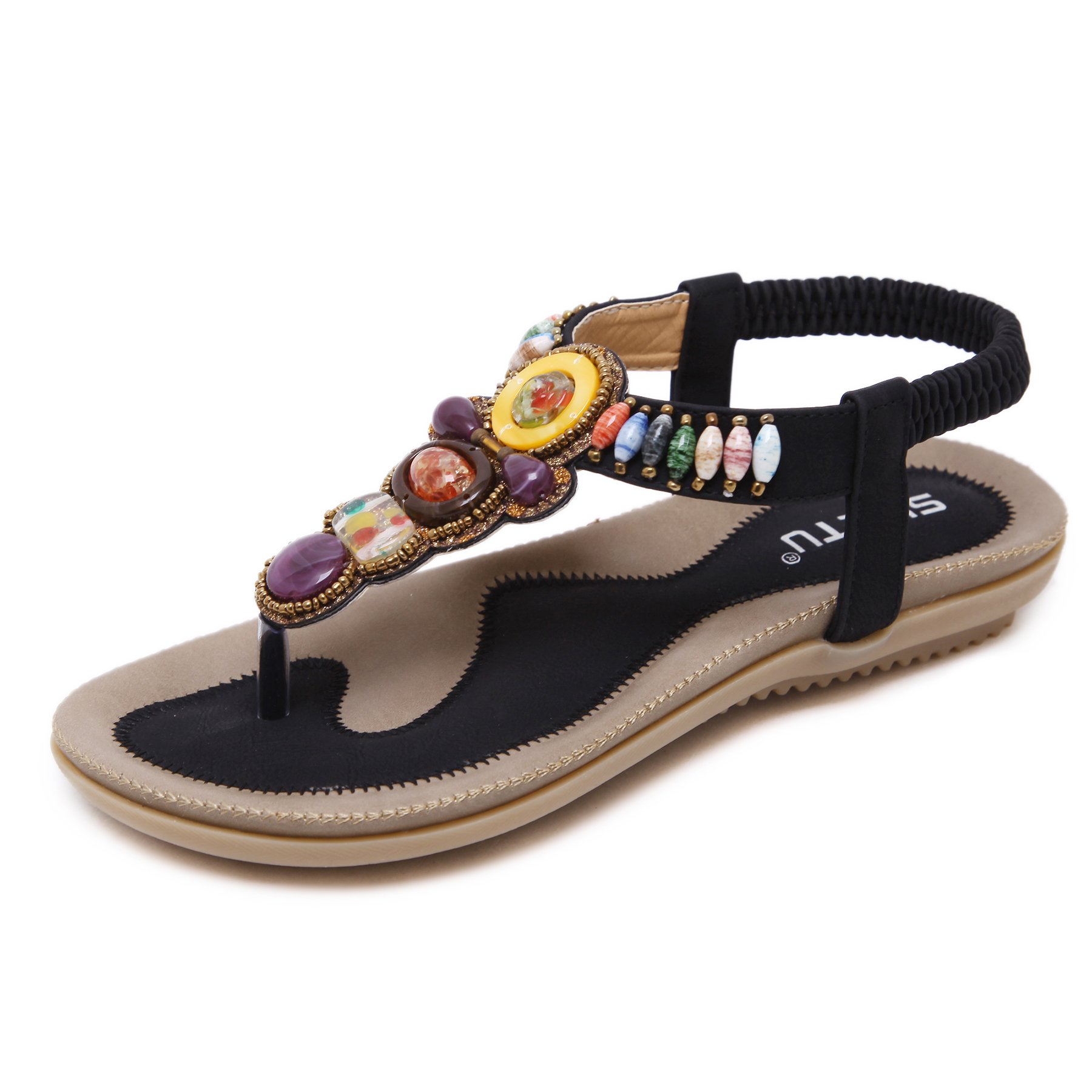 CARETOO Sandalias Mujer Planas Verano Bohemia Estilo Rhinestone Flor Tobillo Correa Damas Zapatos Elástica Casuales de Playa Elegantes Chanclas