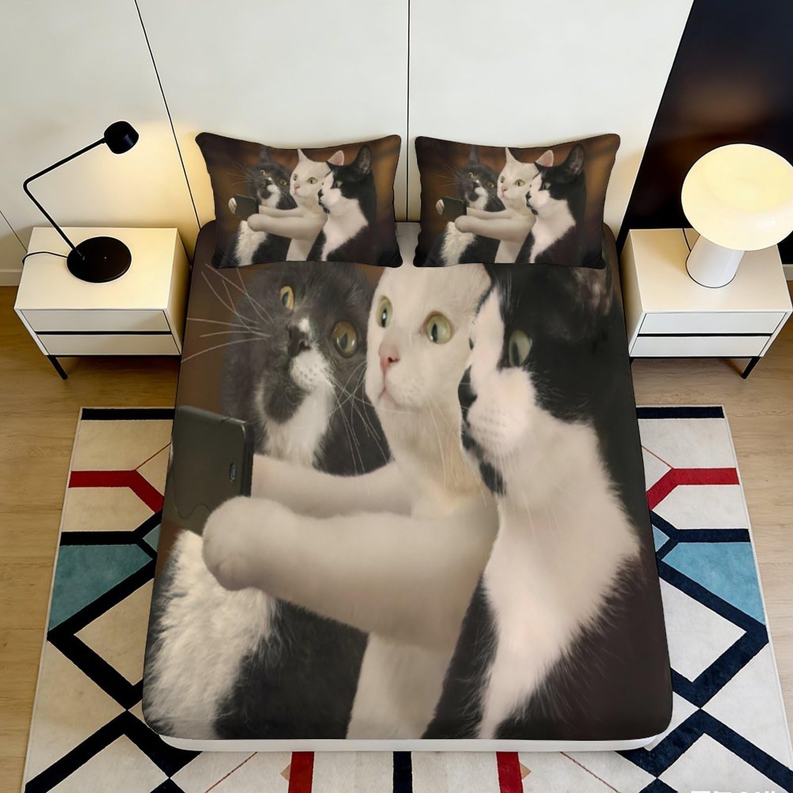3D Printed Cat Selfie Fitted Sheet Microfiber Soft Breathable Funny Cats Bed Cover for Bedroom Dormitory Guest Room Mattress Protection Decor 120x200x25cm