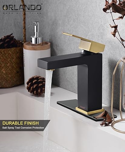 Miniatura 2 de ORLANDO - Grifo de baño negro y dorado con un solo agujero, grifo de lavabo de baño de una sola manija, grifo de tocador de latón con línea de