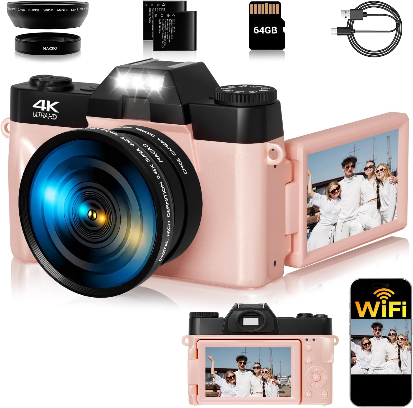 4K Digital Camera for Photography,75MP WiFi Vlogging Camera for YouTube with 3" 180ยฐ Flip Screen,16X Zoom, Anti-Shake,2 Batteries,Compact Point and Shoot Cameras with 64GB SD Card for Beginner,Pink