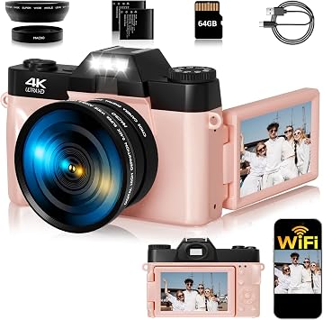 Vlogging Camera, 4K 48MP Digital Camera for Photography, 16X Digital Zoom, Vlogging Camera for YouTube with180 Degree Flip Screen, Wide Angle Lens, 2 Batteries and 64GB Micro SD Card (Pink)