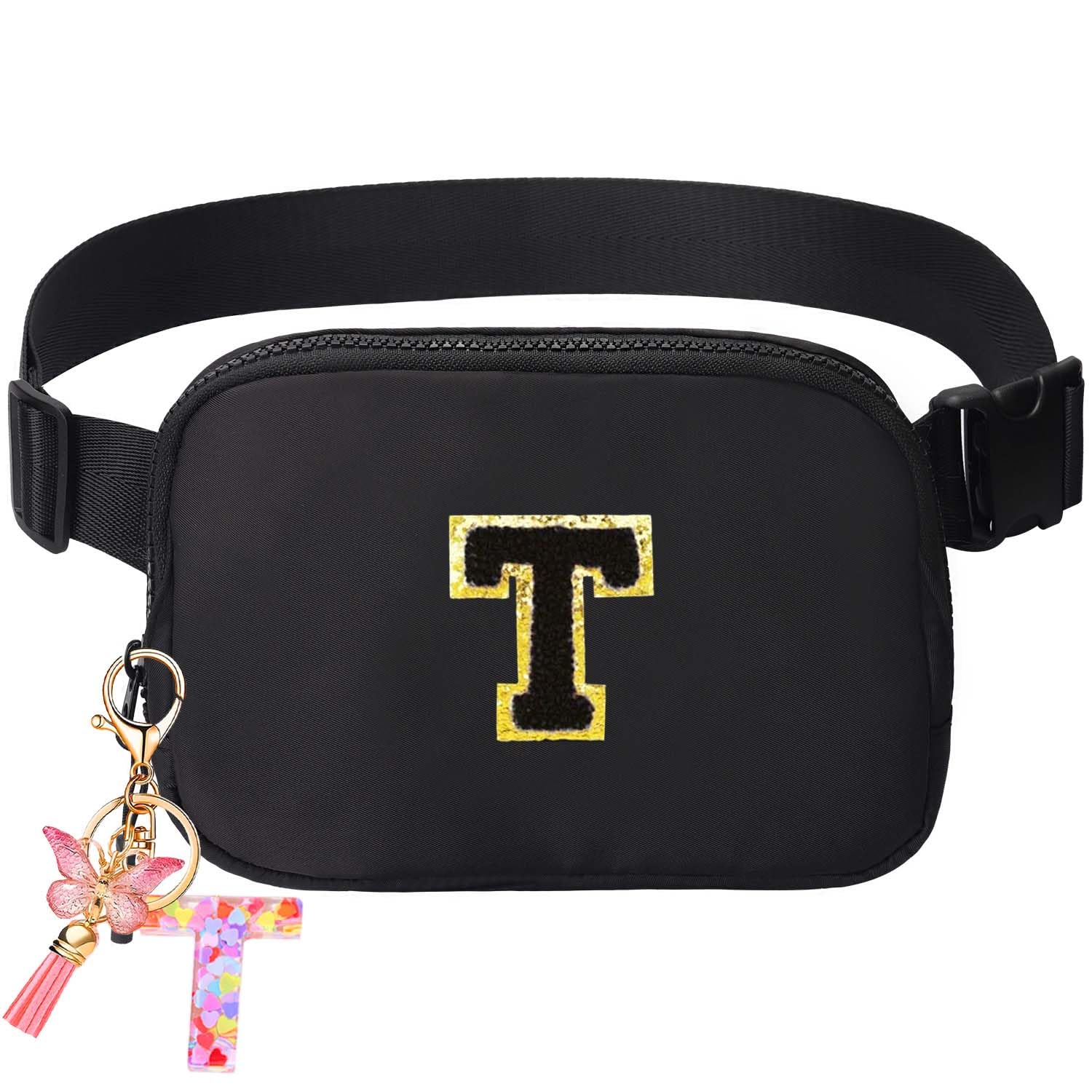 Belt Bag for Girls Gifts - Birthday Gifts for Teenager, Personalized Gifts for Mom Freind Sister Teacher, Graduation GiftsInitial Crossbody Bag Belt Bag for Women Black T