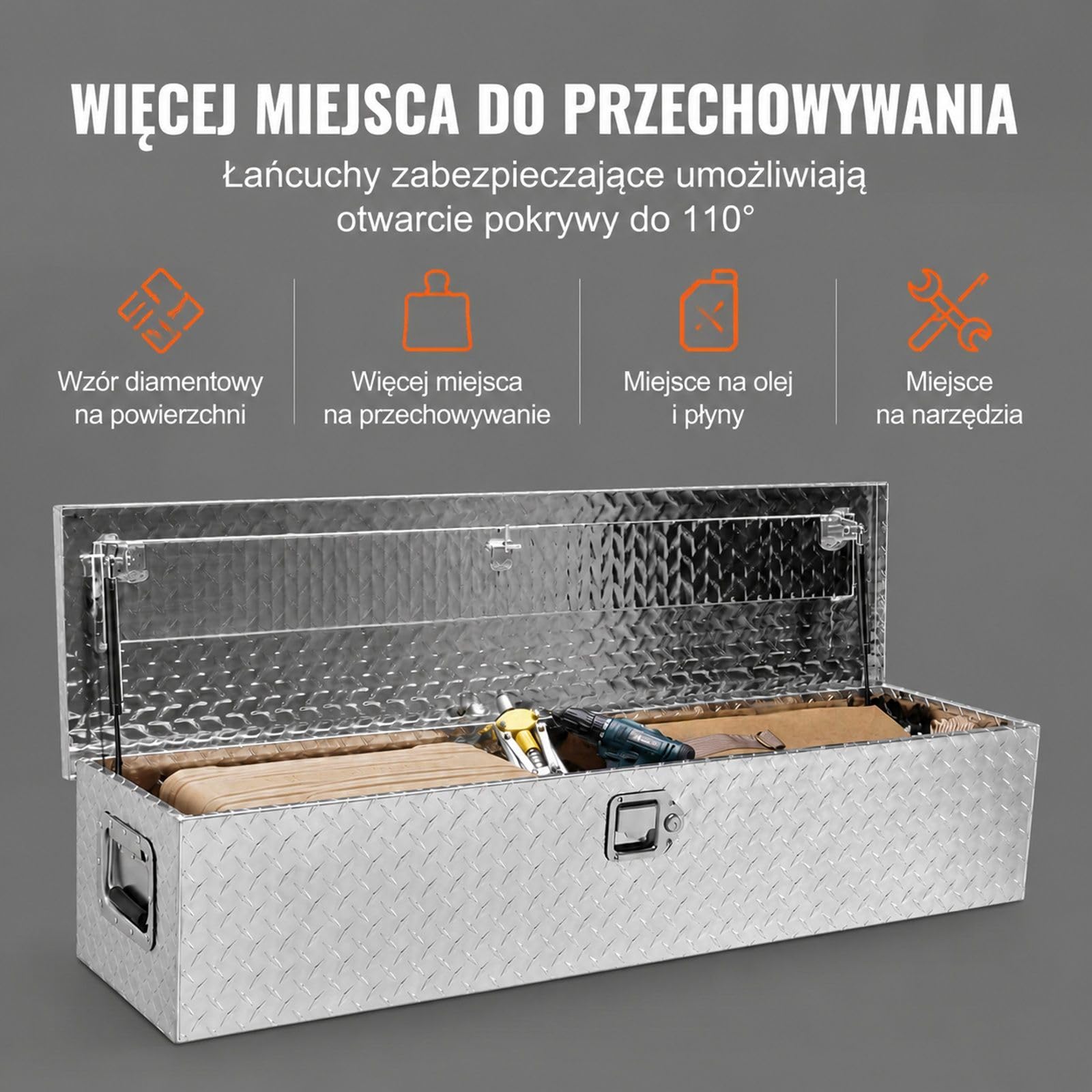 Aluminiowa skrzynka narzędziowa do samochodu, srebrna ryflowana obudowa z uchwytem bocznym i kluczami do paki pick-upa