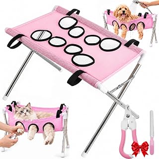 Pet Grooming Hammock with Pet Bathing Hammock, Foldable Stable Metal Frame Grooming Station with Breathable Quick-Dry Mesh, for Nail Trimming, Bathing, Ear Cleaning, Dogs & Cats，Pink