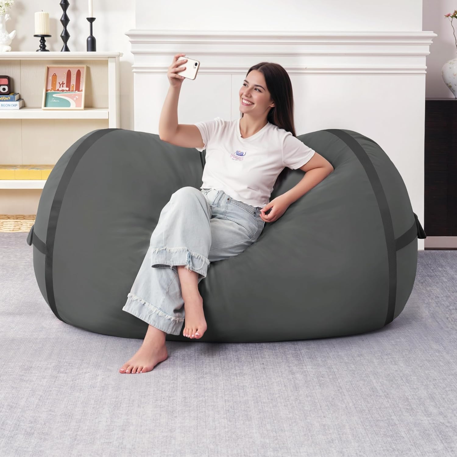 HABUTWAY 4ft Bean Bag Chair Giant Bean Bag Chairs for Adults with Memory Foam Filled, Large Beanbag Chair with Removable Dutch Velvet Cover for Living Room, Bedroom, Dorm, Dark Grey - Image 3