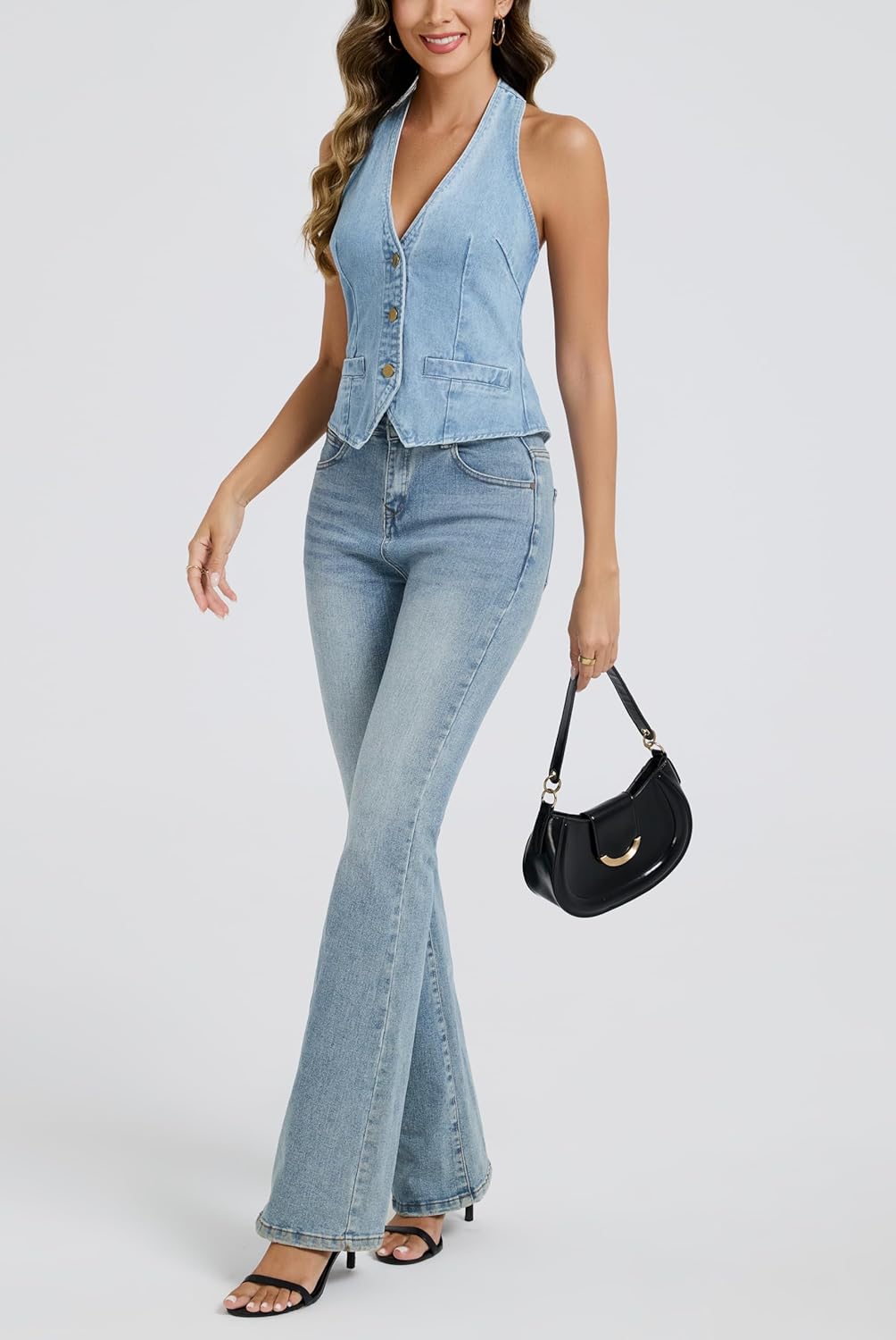 LADYFUL Halter Denim Vest Top for Women V Neck Jean Vest Waistcoat Sleeveless Back Tie Cowgirl Top Western Outfits