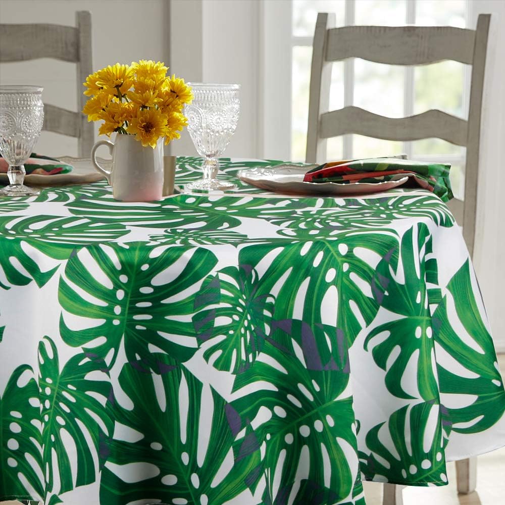 Lahome Palm Leaf Pattern Tablecloth - Water Resistant Polyester Washable Table Cover with Green Monstera Palm Leaves for Spring Summer Birthday Party Home Decor (Palm Leaf, Round - 60")