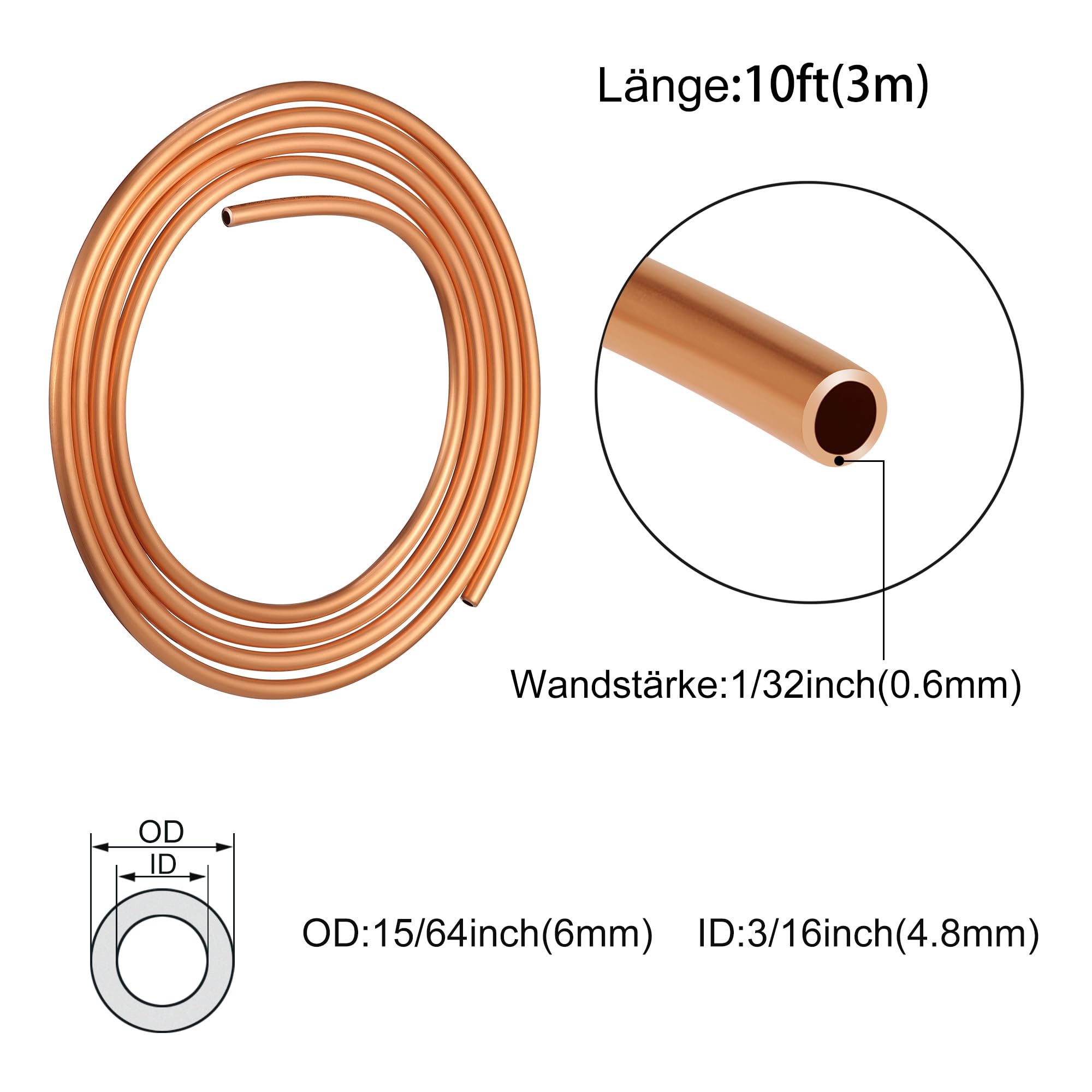 Tube en cuivre 99,9 % KWOKWEI, Tube en cuivre souple OD 6 mm ID 4,8 mm, Longueur 3 M de tube rond en cuivre pour la technique du froid, générateurs, barres de courant, dispositifs de commutation
