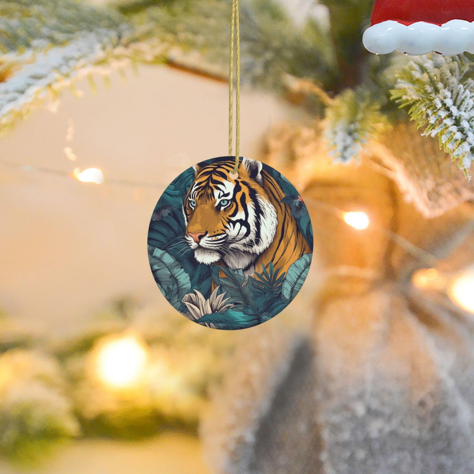 Christmas Ornaments for Christmas Tree Decoration Ceramic Hanging Tropical Tiger Ornament with Gold Ribbon Crafts Round Pendant for Keepsake Gifts Glass Xmas Decor Party Supplies