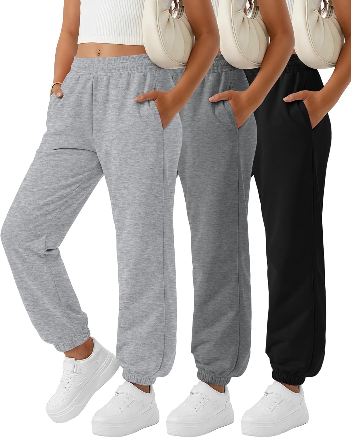 3 Pack Girls Sweatpants Joggers Athletic Kids Elastic Waist Pants Cuffed Ankles Active Casual with Pockets 5-14Y