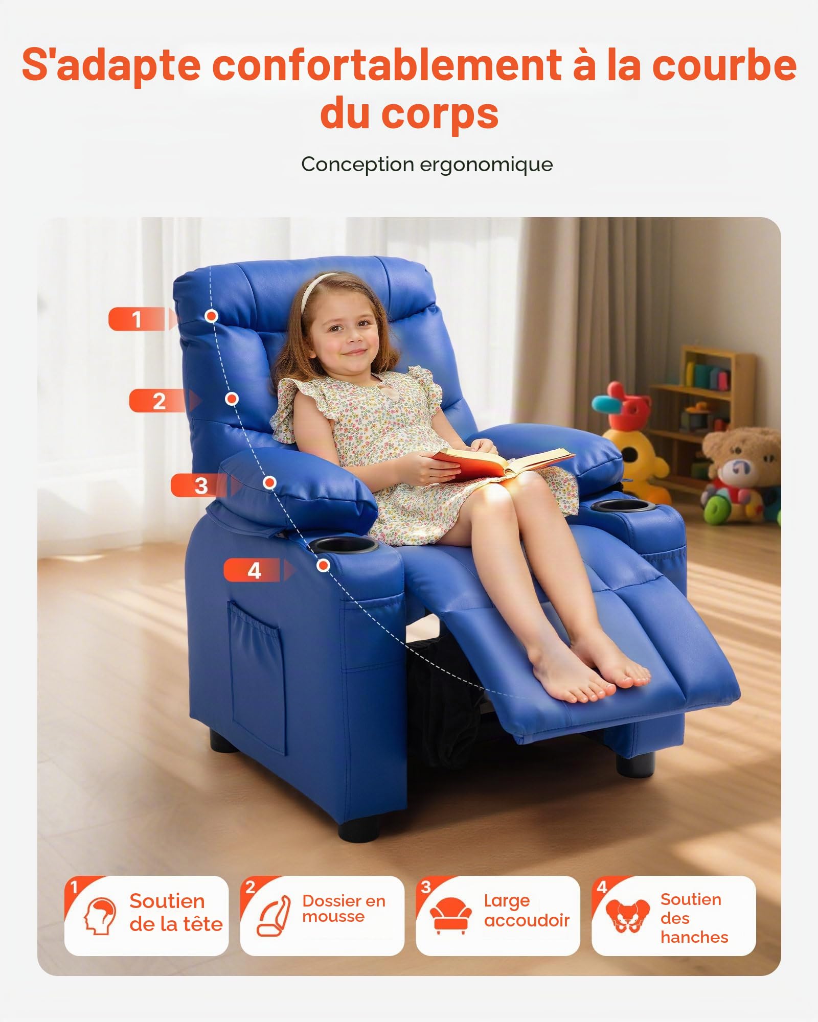 VEVOR Fauteuil inclinable pour enfants, chaise relax ergonomique avec 2 porte-gobelets, 4 poches et repose-pieds, dossier réglable 107°-126°, en cuir PU facile à nettoyer, pour chambre d’enfants, bleu