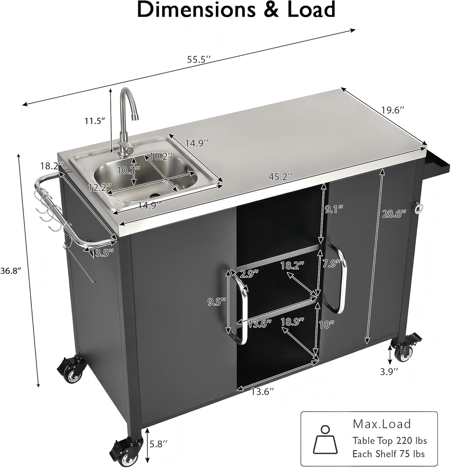 Amposei Outdoor Grill Table Bar Cart with Stainless Steel Sink, Metal Rolling Kitchen Island on Lockable Wheels, Food Prep Station with Storage Cabinet for Patio, Garden, Porch, Balcony, Black