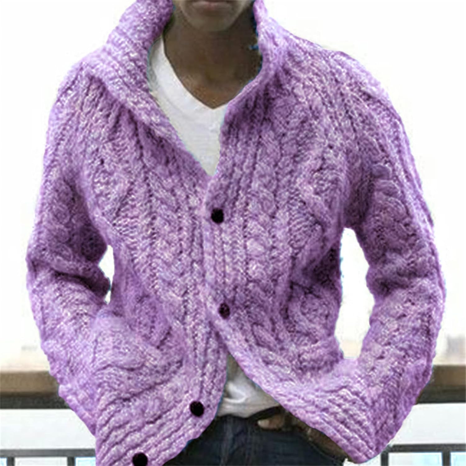 Men's Casual Loose Fit Cardigan Sweaters Winter Warm Cable Jacket Outerwear Button Down Knit Sweater with Ribbing Edge (Purple,3X-Large) : Beauty & Personal Care
