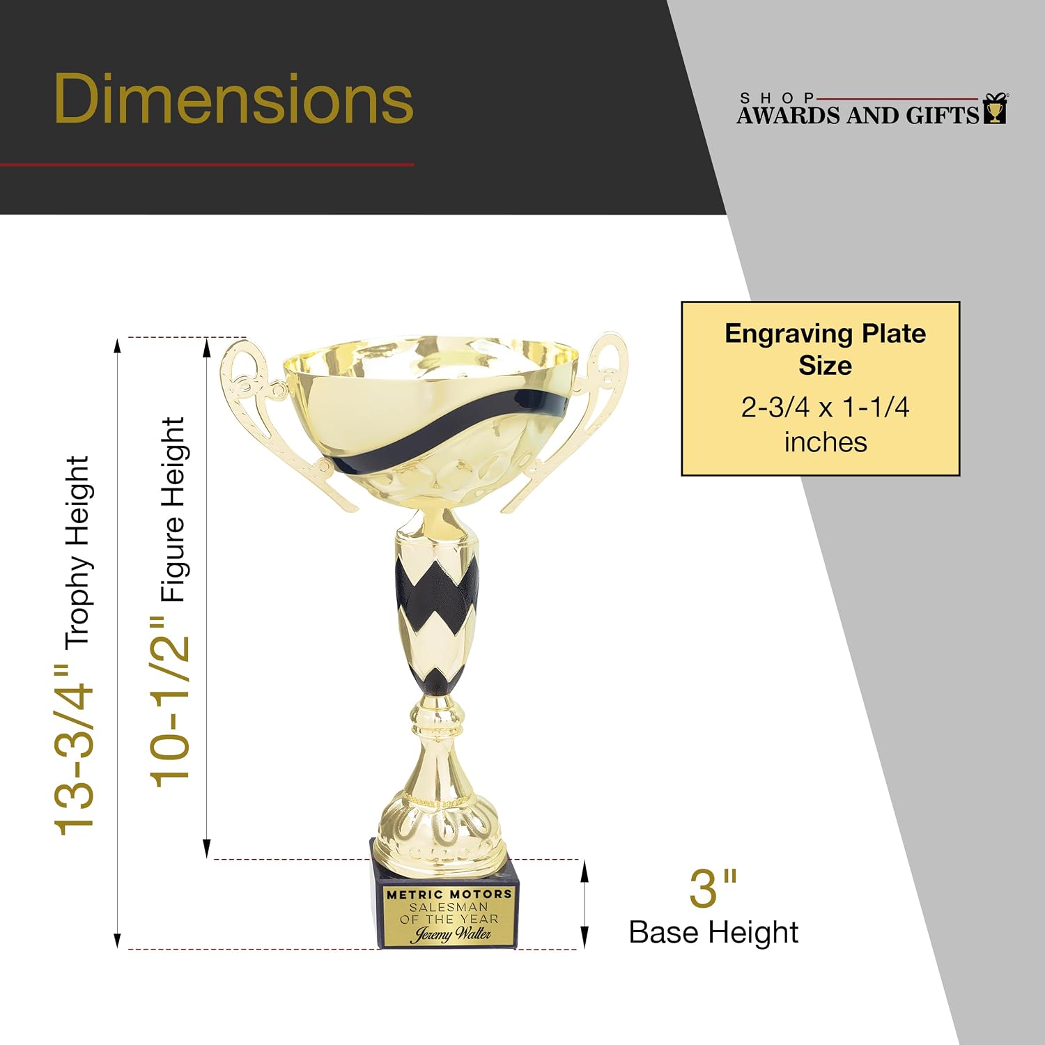 SHOP AWARDS AND GIFTS 13-3/4 Inch Gold with Black and White Accents European Style Trophy Cup on Black Marble Base, for Tournament, Championship, Corporate Award, Unisex, Can Be Personalized