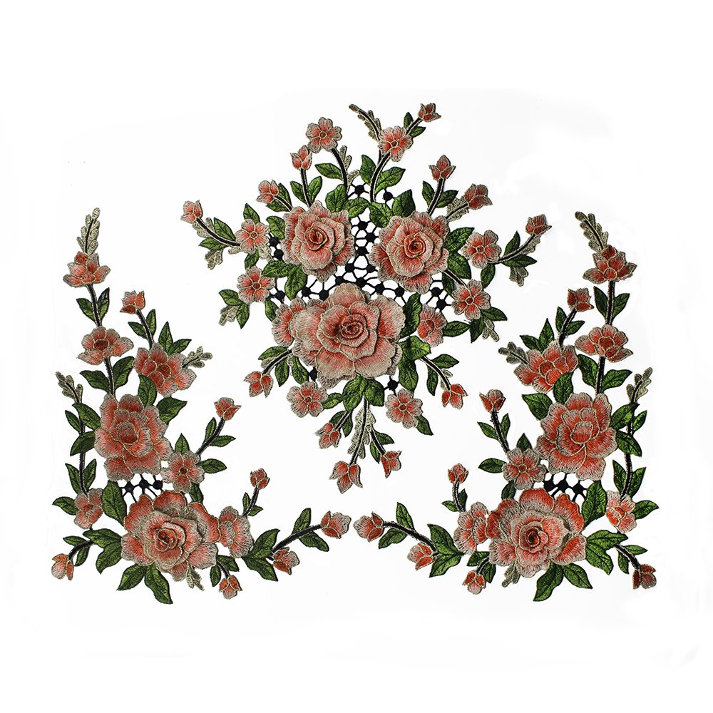 1set/3pieces 3D Floral Embroidered Fabric Patches Lace Motif Applique Trimming Craft DIY Bordado Sewing Supplies (Orange)
