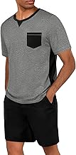 Marvmys Men's Pyjamas Summer Short Cotton Contrasting Colours Short Sleeves Tops Pyjama Shorts with Pocket S-3XL