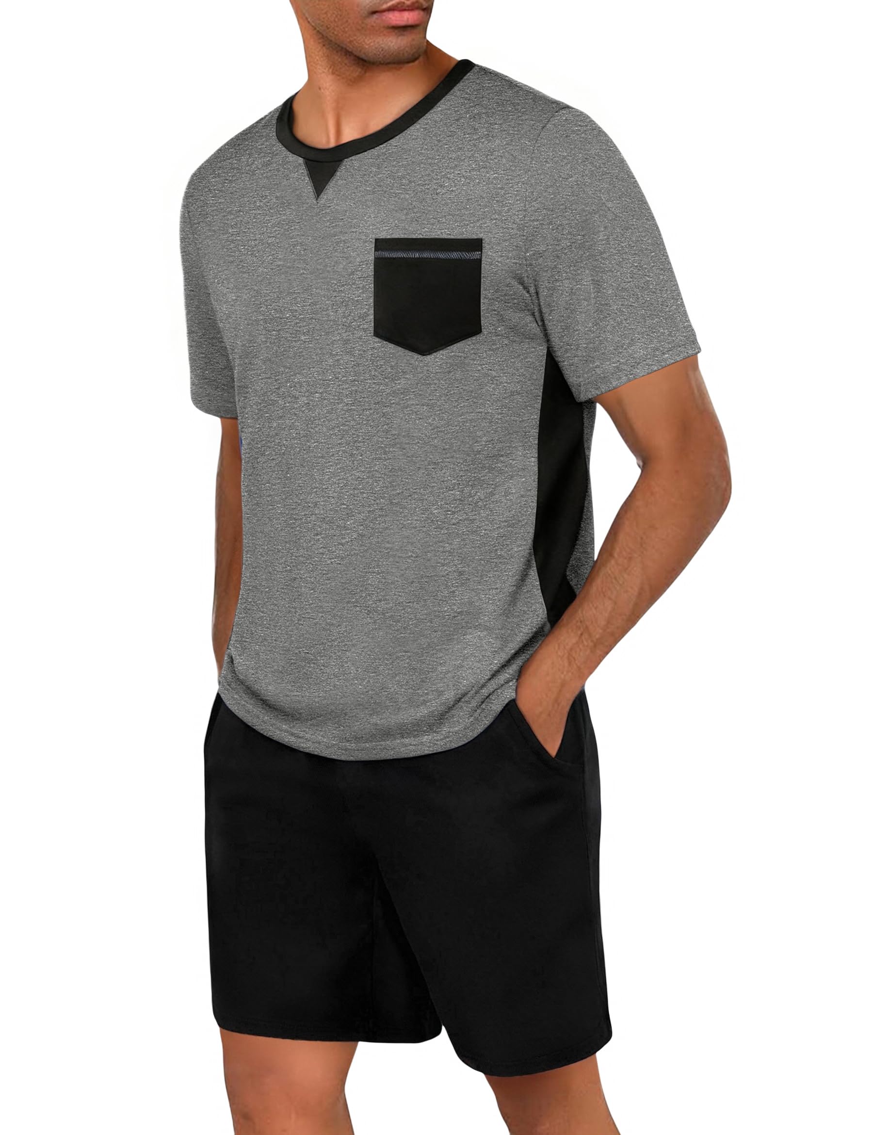 Marvmys Schlafanzug Herren Kurzarm Baumwolle Sommer PyjamaSet V-Ausschnitt Shorts