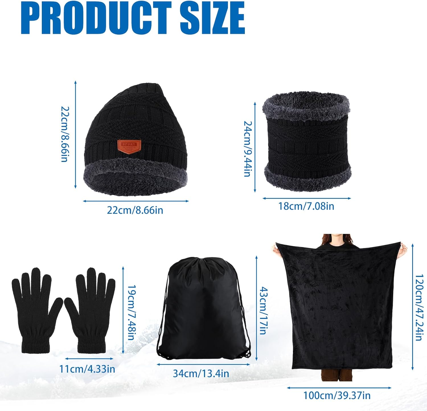 Suhine 72 Pcs Homeless Care Supplies Bulk for Men Women Beanie Hat Winter Neck Warmer Gloves and Sock Set with Warm Fuzzy Blanket and Bags Drawstring, Black - Image 2